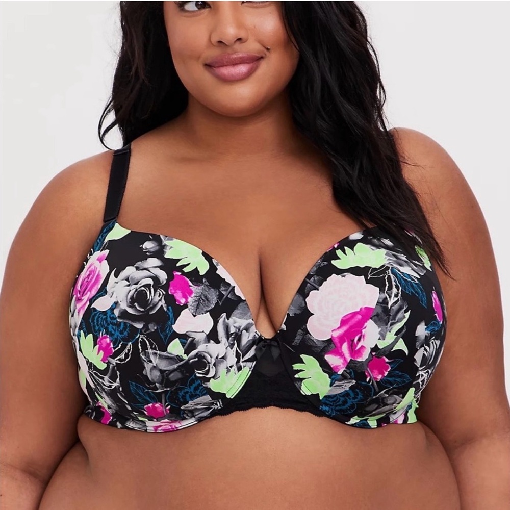 torrid Black Push-Up T-Shirt Bra with Teal Floral Print